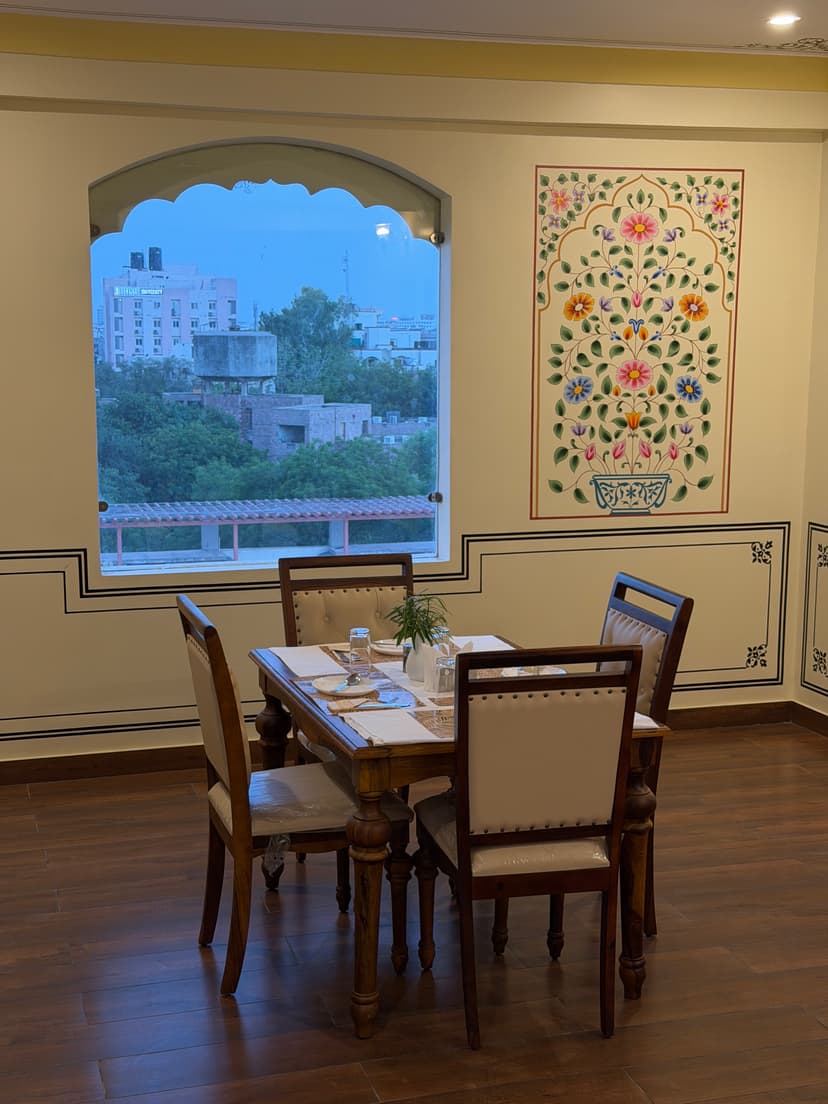 Rooftop restaurant dining setup with ambient lighting